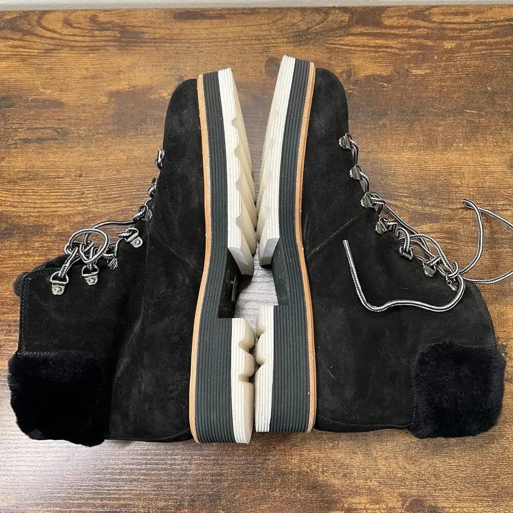 Napoleoni Winter Boots 40 Womens Black Leather Suede Shearling Lace Up Lug Sole